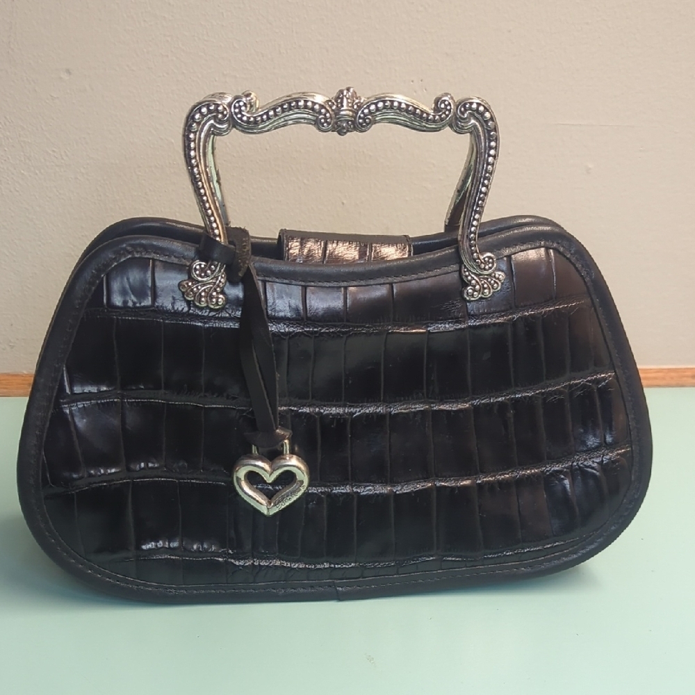Vintage Brighton Black Moc Croc-Embossed Clutch with Silver Accents
